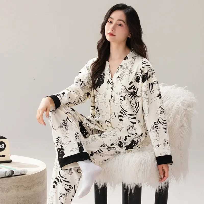 AutumnWinter Womens Long Sleeve Cotton Pajama Set With Chest Pad VNeck Design Cartoon Print Plus Size Home ClothingT251014