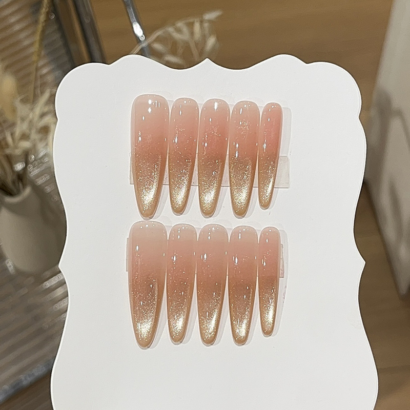 New Style Fashionable & Versatile Handmade Daily Wear Press-On Nails - Nude Pink Gradient with Gold Cat Eye & Fine Glitter, Removable
