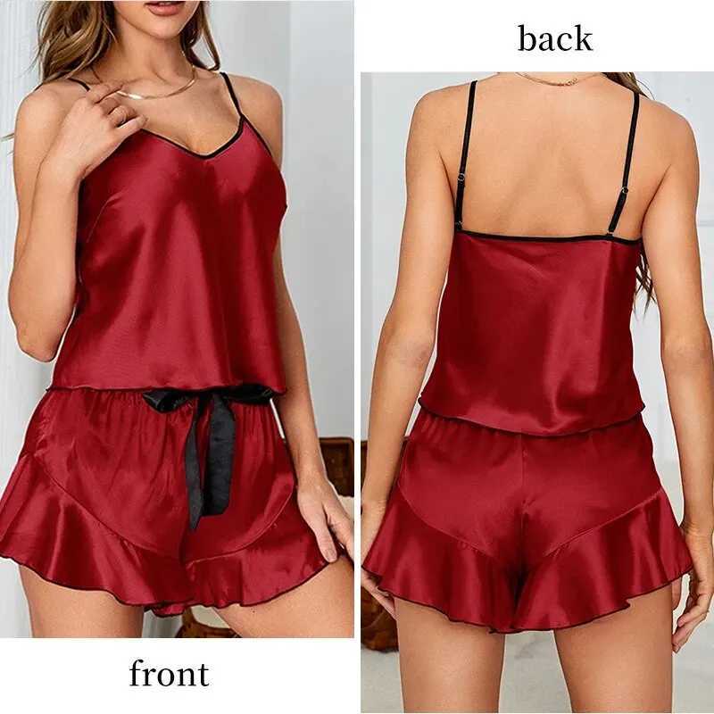 Summer TwoPiece Pajama Set for Womens Casual Sexy Sleeveless Suspender Top and Ruffled Shorts Pajama SetT251014