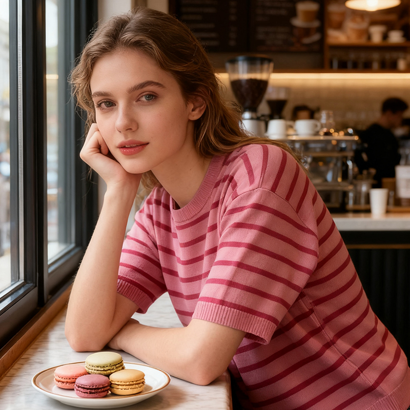 Women's T-Shirt Women's Pink Striped Short - Sleeve Pullover Top, Casual and Stylish AS25-0301