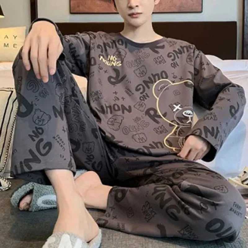 TwoPiece Set Autumn Winter Women Pajamas Men LongSleeved Cartoon Letters Bear Pullover Sleepwear Ladies Big Size HomewearT251014