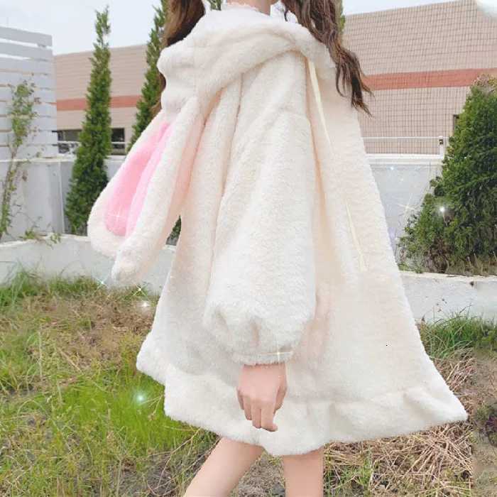 Rabbit Women Winter Long Sleeve Fuzzy Hooded et Harajuku Kawaii Bunny Ears Zip Up Cardigan Coat Plush Warm Ruffles Outwear Y251013