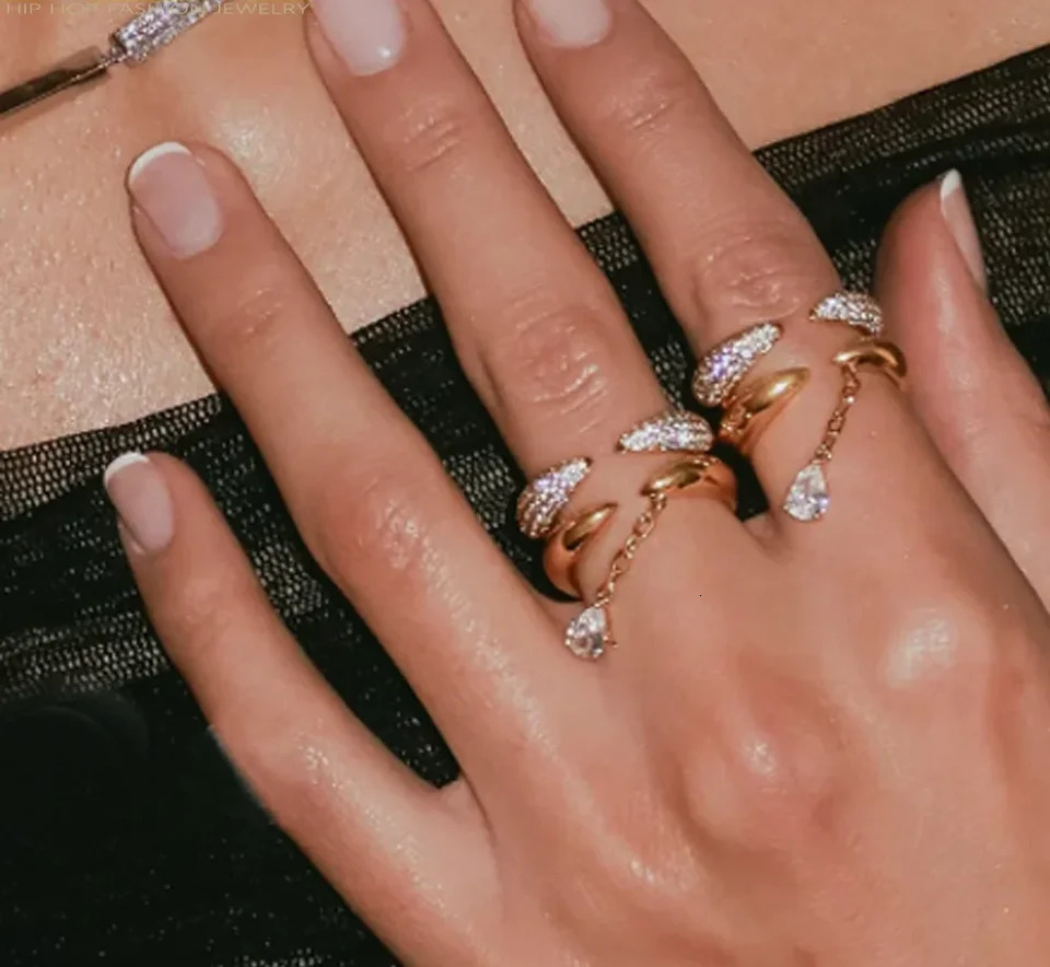 Gold Color Stackable OnePiece Water Drop Tassel Open Ring Micro Pave Sparkling Zircon Rings For Women Party Fashion Jewelry 251010
