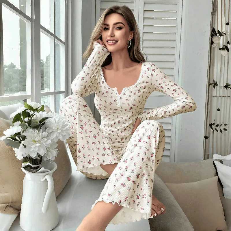Sleepwear Women Floral Print Lettuce Trim Top with Long Pant Lovely Loungewear Full Sleeve Nightwear Spring Autumn Pajamas SetT251014