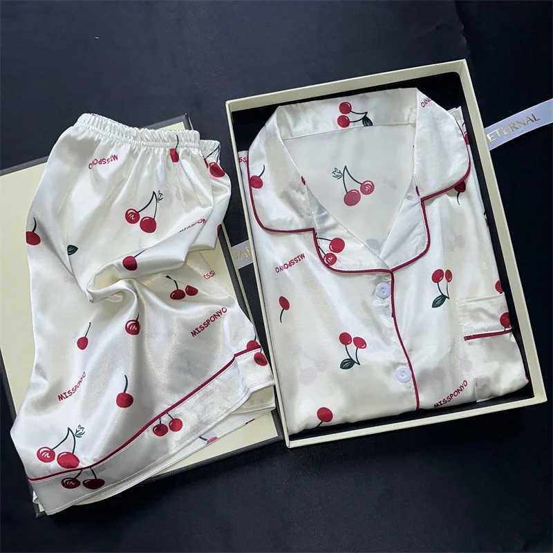 Cherry Print Pajamas Set for Women Summer Satin Two Piece Sleepwear Short Sleeve Shirt and Shorts Casual Fashion HomewearT251014