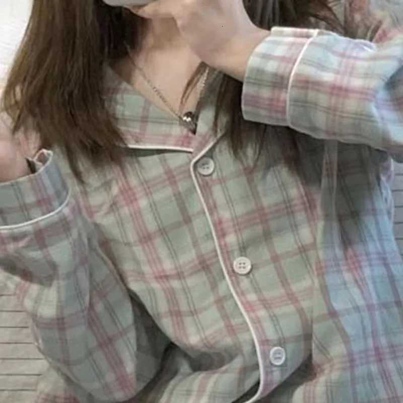 Pajamas Women Spring and Summer Long Sleeve Luscious Loungewear TwoPiece Set Ladies Cardigan Lapel Plaid Nightwear HomewearT251014
