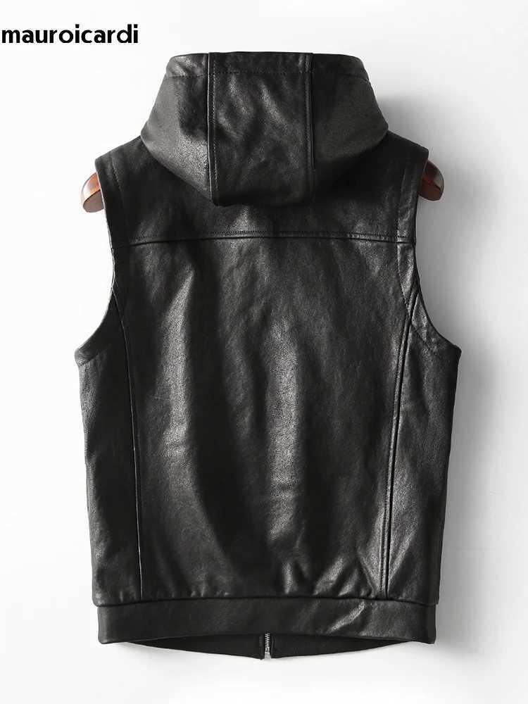 Mauroicardi Spring Autumn Luxury Elegant Cool Black Pu Leather Vest for Men with Hood Zipper Sleeveless Jacket Men Clothing 2023 J251014