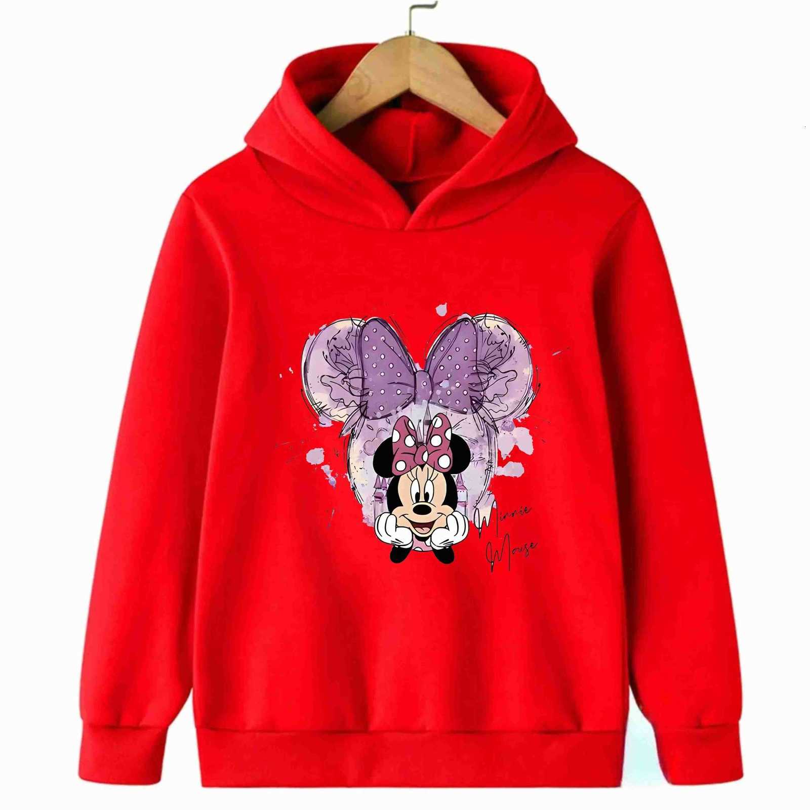 Disney Minnie Mouse Pattern Long Sleeve Sweatshirt Hooded Casual Winter Top Cute Minnie Bow Decorated Childrens Clothing H251014