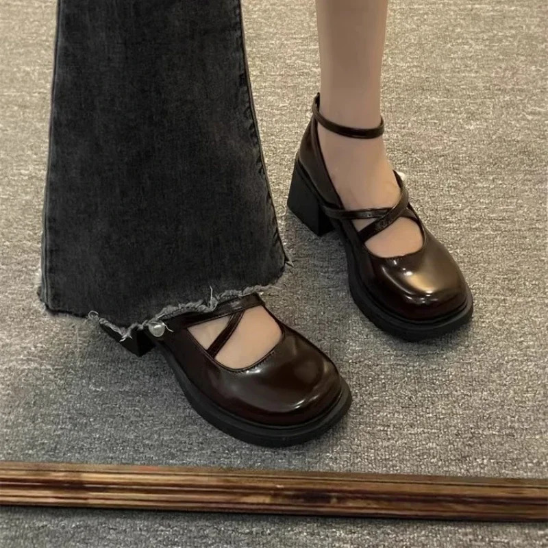 Womens Mary Jane Shoes Retro Brown Women High Heel Thick Heels Ankle Buckle Lolita Shoes Fashion Round Toe Leather Shoes Female 251010