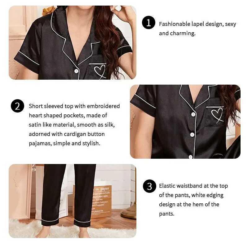 Womens Pajama Pocket Heart Embroidered Pajama Set Satin Comfortable Short Sleeve Button Pajama Lounge Pant For Women SleepwearT251014