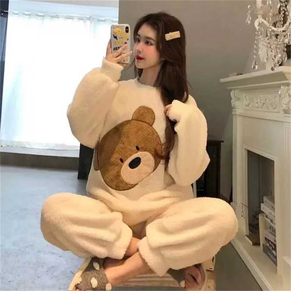 Autumn Winter Pijamas Kawaii Pajama Sets Women Cartoon Sweet Bear Flannel Sleepwear Girl Pijama Mujer Night Suits Homewear 2023T251014