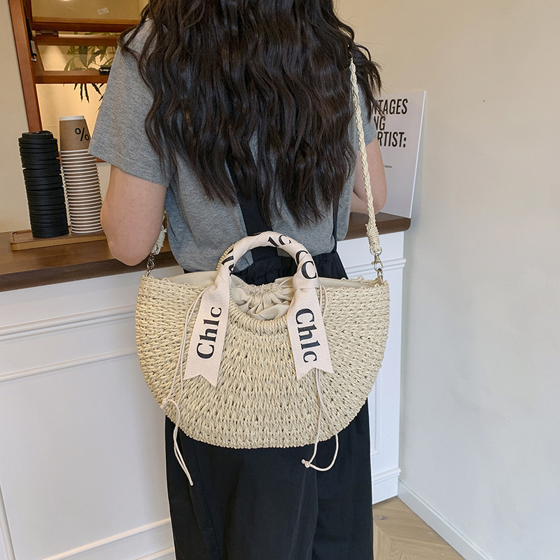 designer bag Letter Scarf Strap Woven Women's Straw Vacation Handbag Round Bucket Bag Beach