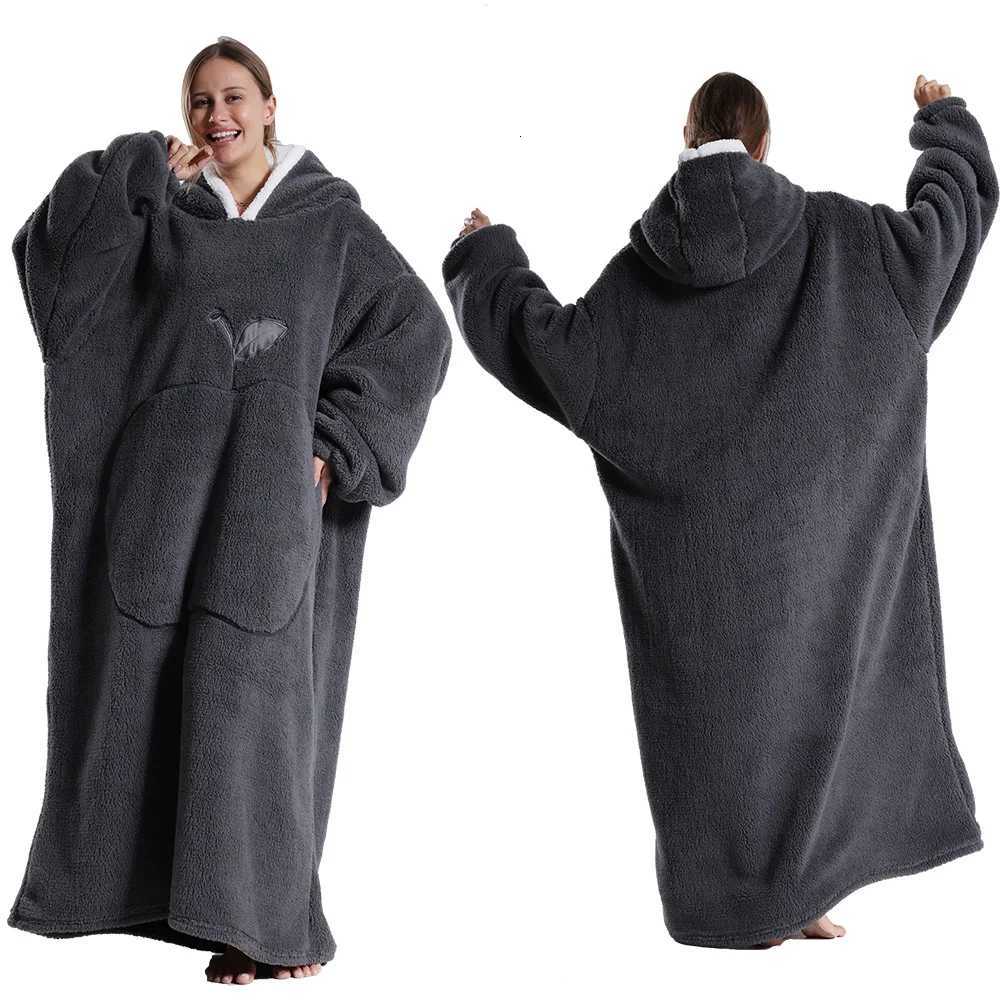 Plus Size Women Pajamas Flannel Home Clothing Pink Red Blue Men Blanket Hoodie for Adults Thicken Warm Extra Long Winter Clothes Y251013