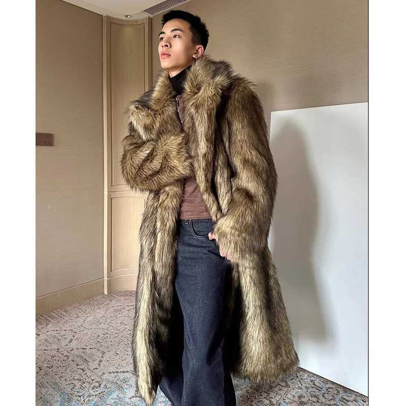 Mens fur coat Wolf fur fox fur lapel long overcoat winter windproof and warm windbreaker large size W251014