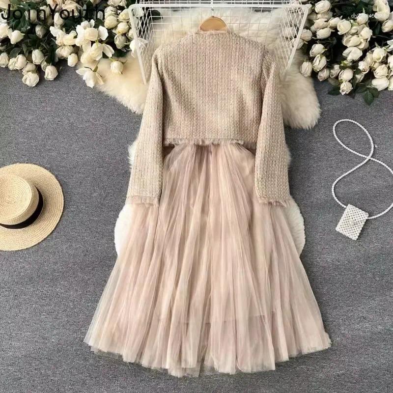 Women's Two Piece Pants Dresses Sets Korean Suit Women Clothing Patchwork Gauze Crop Coats Tunic Sling Maxi Dress Outfits Sweet Chic Set