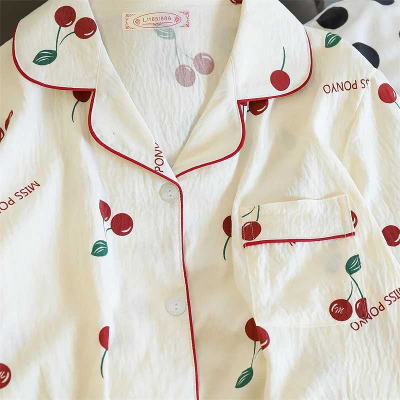 Cherries Print Two Pieces Pajamas Set Autumn Faux Cotton Pajamas Korean Fashion Home Clothes Ladies Pants and Top Set PijamasT251014