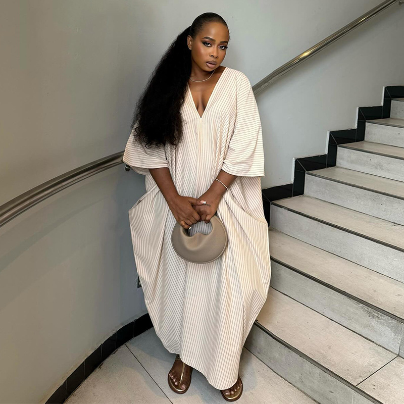 F25044 Women's 2025 Autumn New Loose Large Size V-Neck Striped Short Sleeve Dress with Large Swing