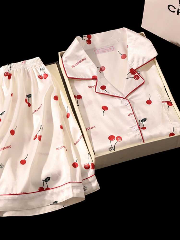 Cherry Print Silk Pajamas Set for Women Summer Short Sleeve Shirt and Shorts Two Pieces Sleepwear Homewear NightwearT251014