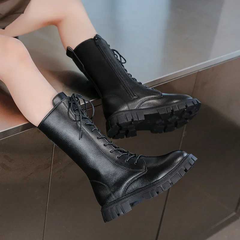 AutumnWinter ZIP Fashion Cool Baby Girls Warm Square Heel Round Toe Casual LaceUp Comfortable Kids Black Mid Boots C251014