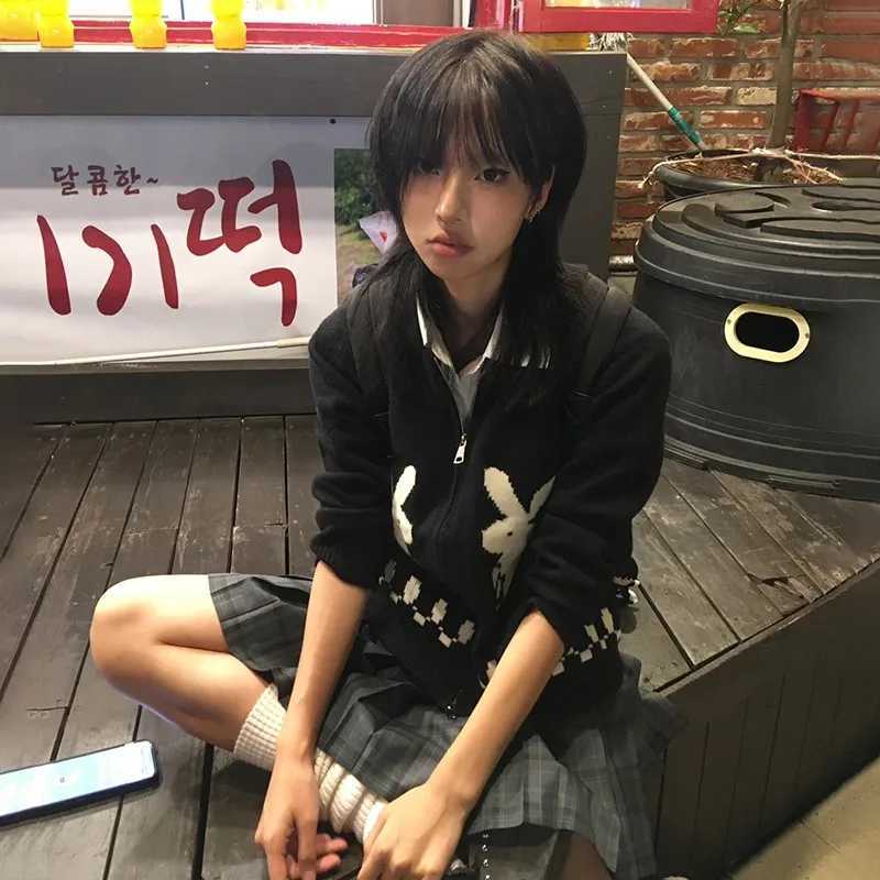 Karrram Japanese Y2k Knit Cardigans Vintage Rabbit Embroidery Zipper Knitwear Harajuku 2s Korean Knitted Coat Preppy Style W251014