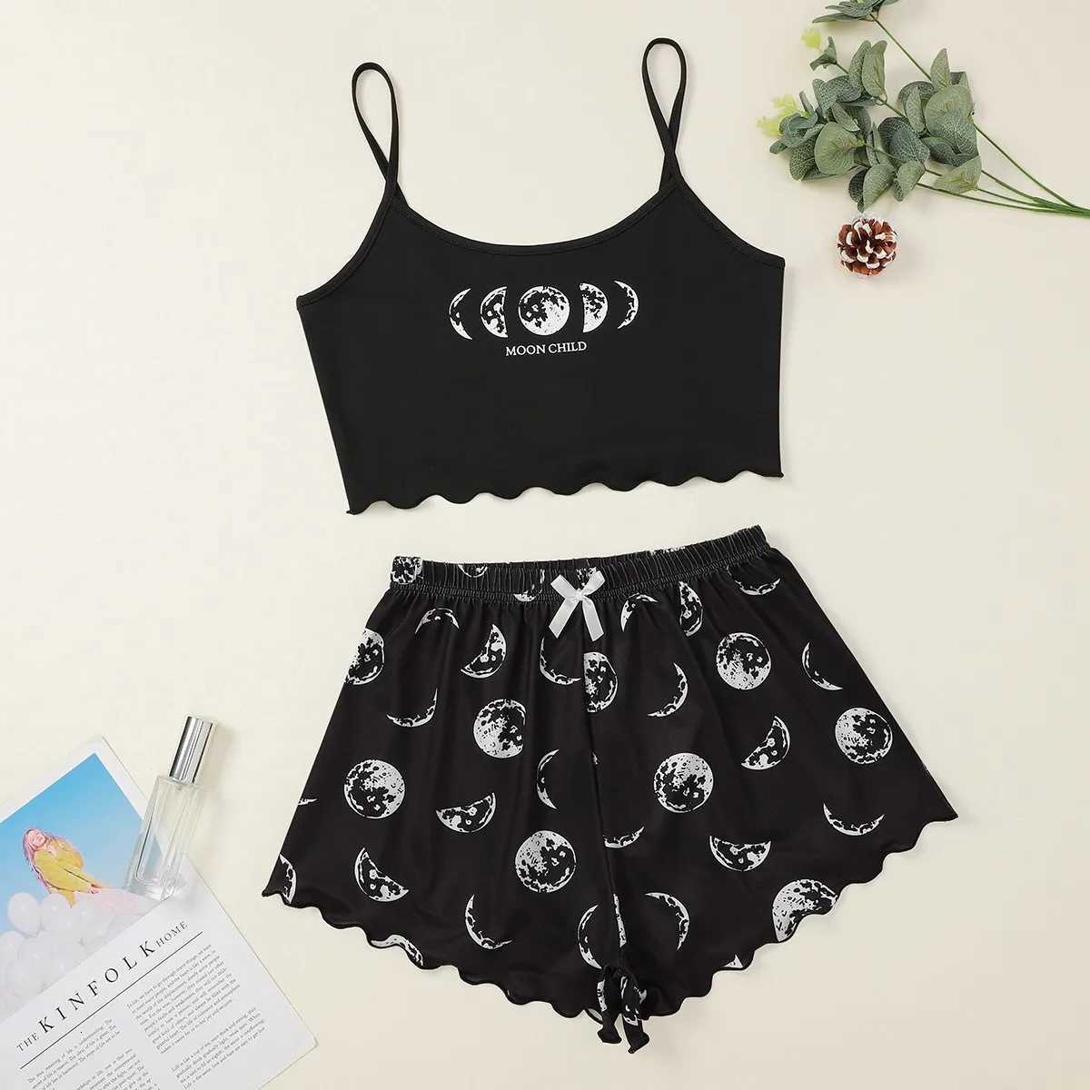 Women Pajamas Sleepwear Pajama Set Sports Camisole and Shorts Pink Black Moon and Planet Print Summer Comfortable Casual SuitT251014
