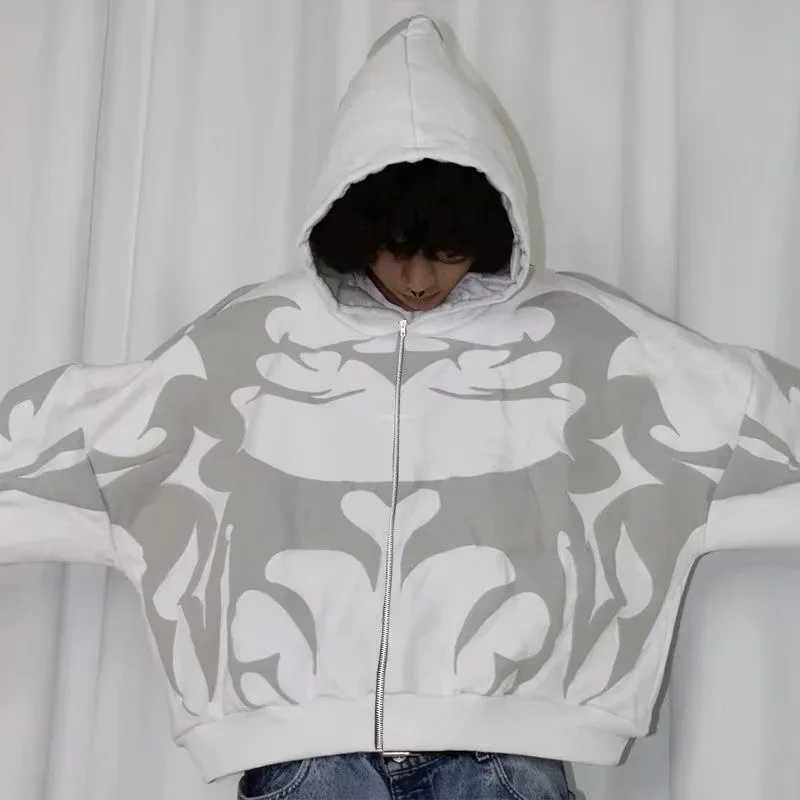 Tiger Gray Sweater Men High Street American Retro Hip Hop Y2K Zipper Hooded Sweater Couple Casual Sweatshirt Unisex Tops NewCoat J251203