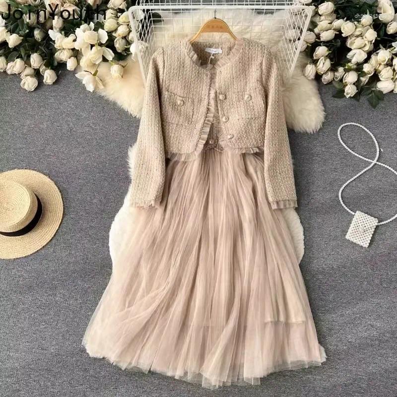 Women's Two Piece Pants Dresses Sets Korean Suit Women Clothing Patchwork Gauze Crop Coats Tunic Sling Maxi Dress Outfits Sweet Chic Set