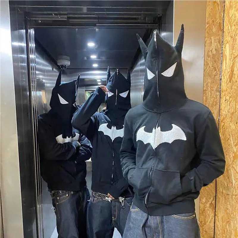 Gothic Bat Cartoon Flocking Print Hoodie Hip Hop European American Personality Rock Fashion Street Men Full Zipper Sweatshirt J251203