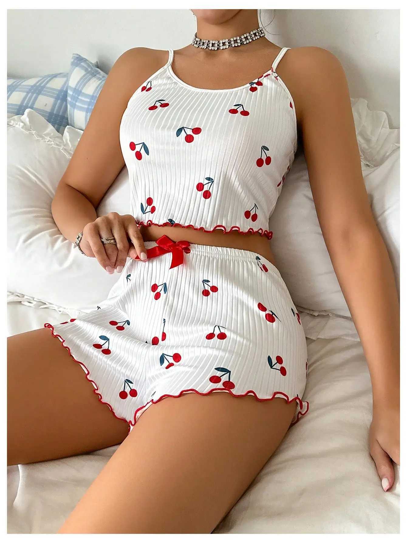 Two Piece Pajama Sets of Womens Cherry Print Crop Top High Waist Shorts with Lettuce Trim Sleepwear Cute for SummerT251014