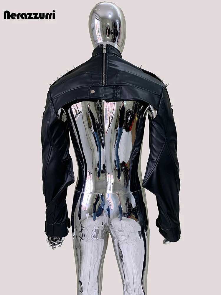 Mauroicardi Cool Black Cropped Pu Leather Jacket Men Rivet Shoulder Pads Zip Up Short Luxury Punk Style Clothes European Fashion J251014