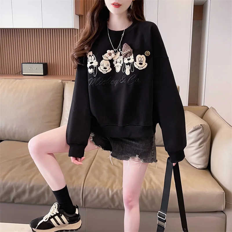 Disney New Clothes Mickey Embroidered Round Neck Pullover Women Design Fleece Sweatshirt Y2k Female Fashion Short Style Topsdis H251014