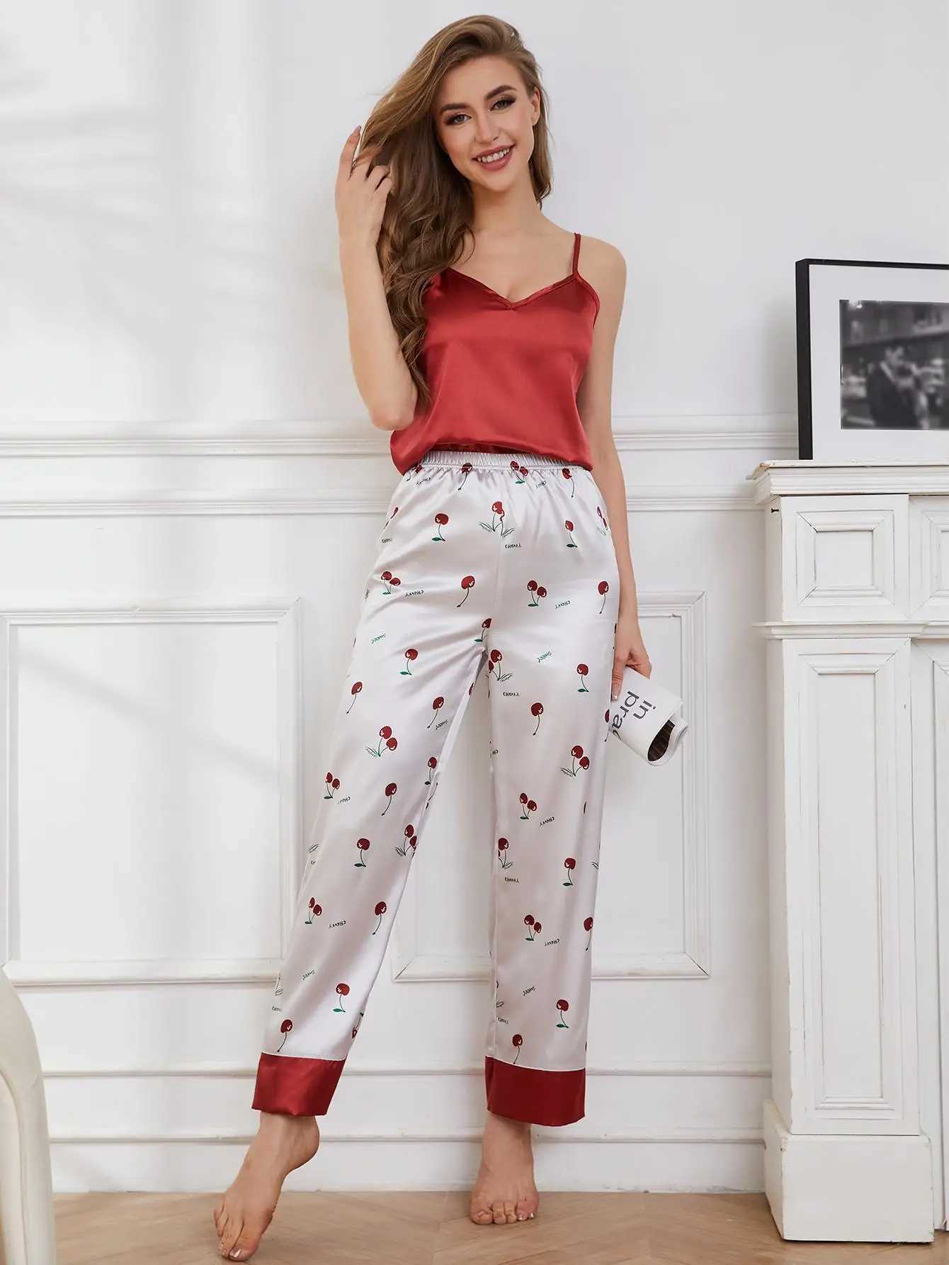 Silk Satin Women Pajama Set V Neck Solid Sleeveless Top Long Cherry Print Pants 2 Pcs Female Sleepwear Nightwear HomewearT251014