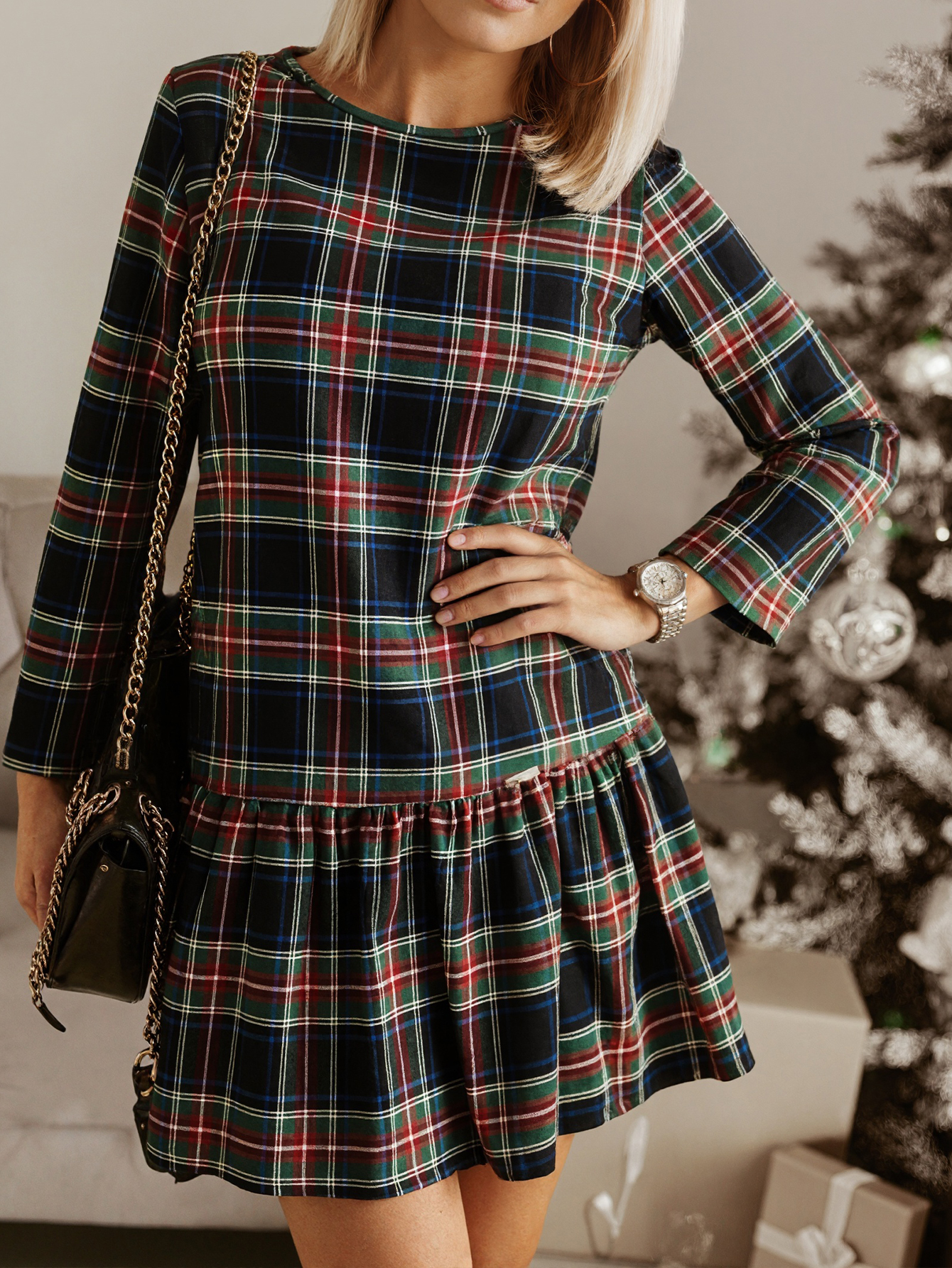 Women's Autumn Winter New Fashion Retro Plaid Long - Sleeve Crew Neck Slim & Elegant Midi Dress-CF51303