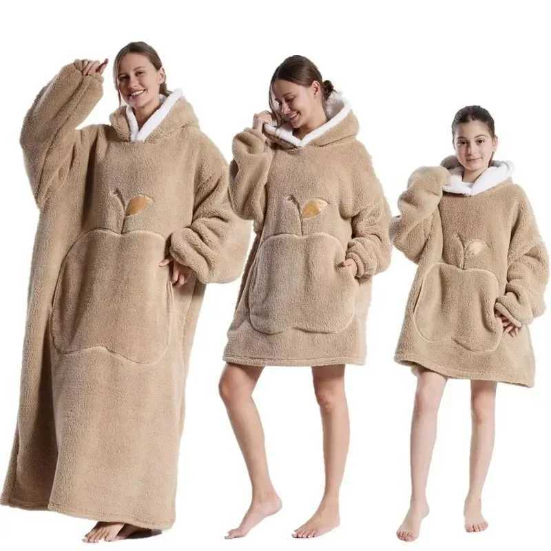 Super Long Flannel Blanket Apple with Sleeves Winter Hoodies Sweatshirt Women Men Pullover Fleece Giant TV Blanket Oversized New Y251013