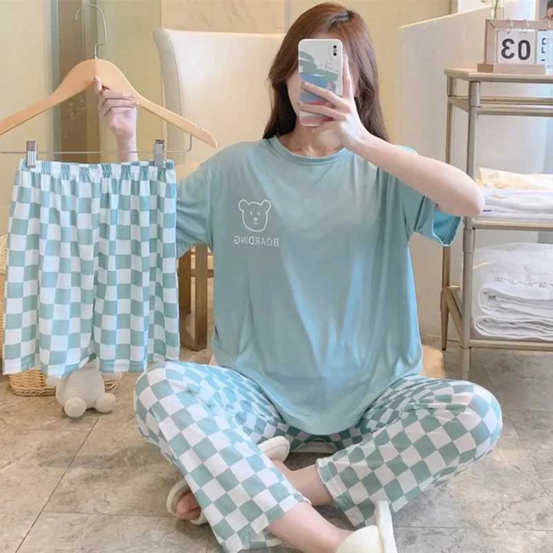 3PcsSet Sexy Pajamas Womens Short Sleeve Cartoon Bear Girls Student Pajamas Homewear Round Neck Letter Plaid Ladies Solid ColoT251014