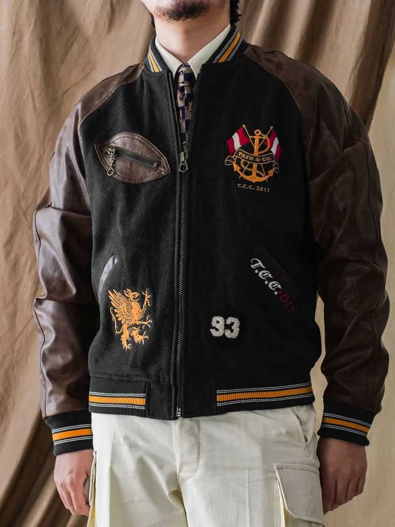 Vintage college wool baseball uniform leather embroidered jacket autumn and winter jacket ivy J251014