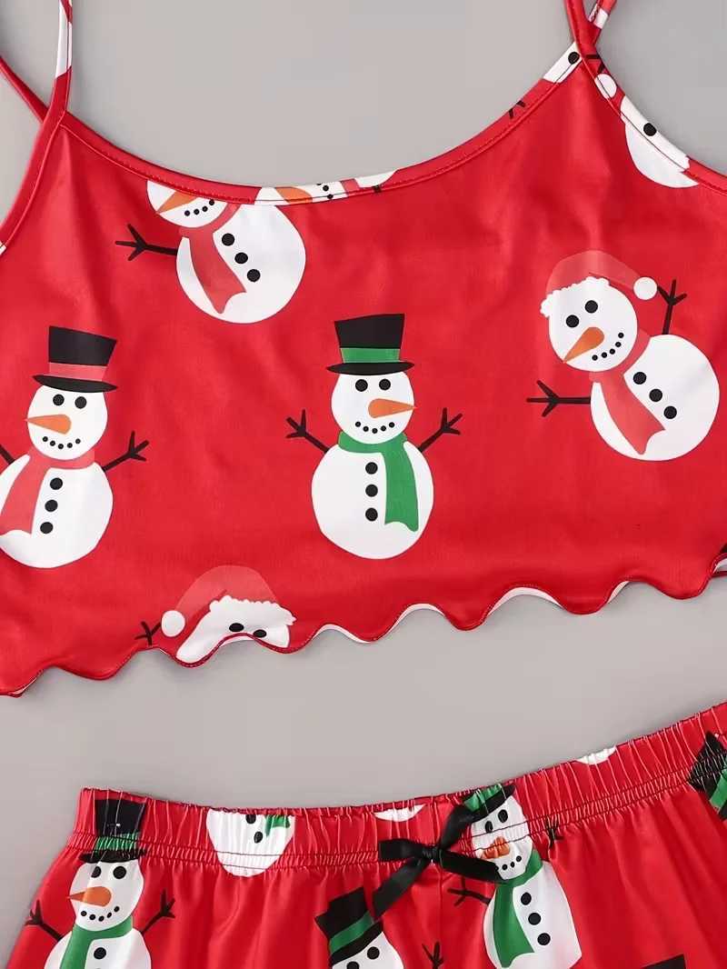 Christmas Snowman Print Pajama Set Womens Spaghetti Strap Crew Neck Top and Shorts 2PCS Sleepwear LoungewearT251014