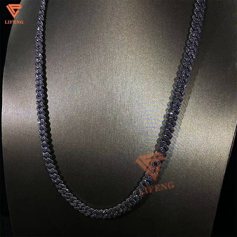 Hot Selling Black Diamond Cuban Chain 8mm 2 Rows 925 Silver Black Gold Plated Iced Out Chain Moissanite Cuban Link Chain