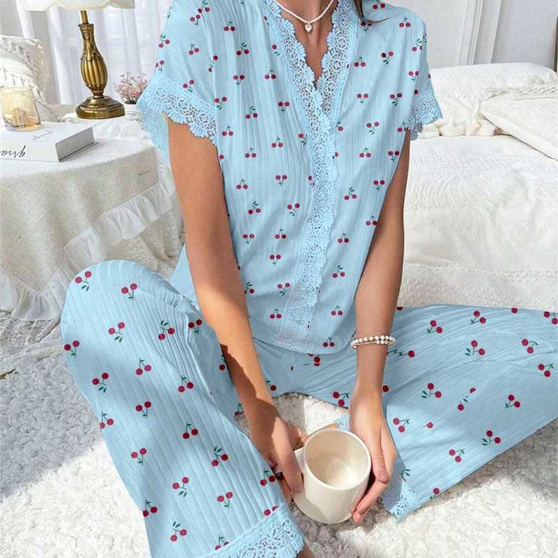 Ladys Loungewear Summer Chic V Neck Short Sleeve Pajamas Sets Cherry Heart Print Relaxed Casual Homewear 2pcsT251014