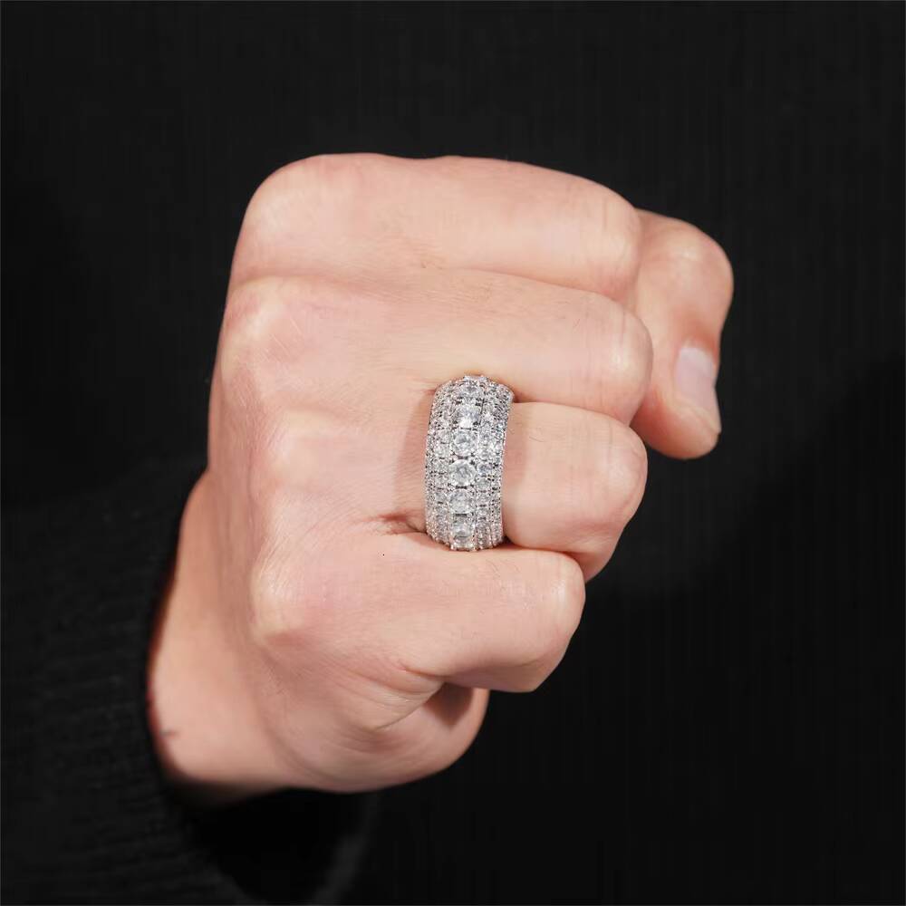 VVS 5 Rows Moissanite Ring Unisex Solid 925 Silver Moissanite Pinky Hip Hop Ring Hiphop Jewelry