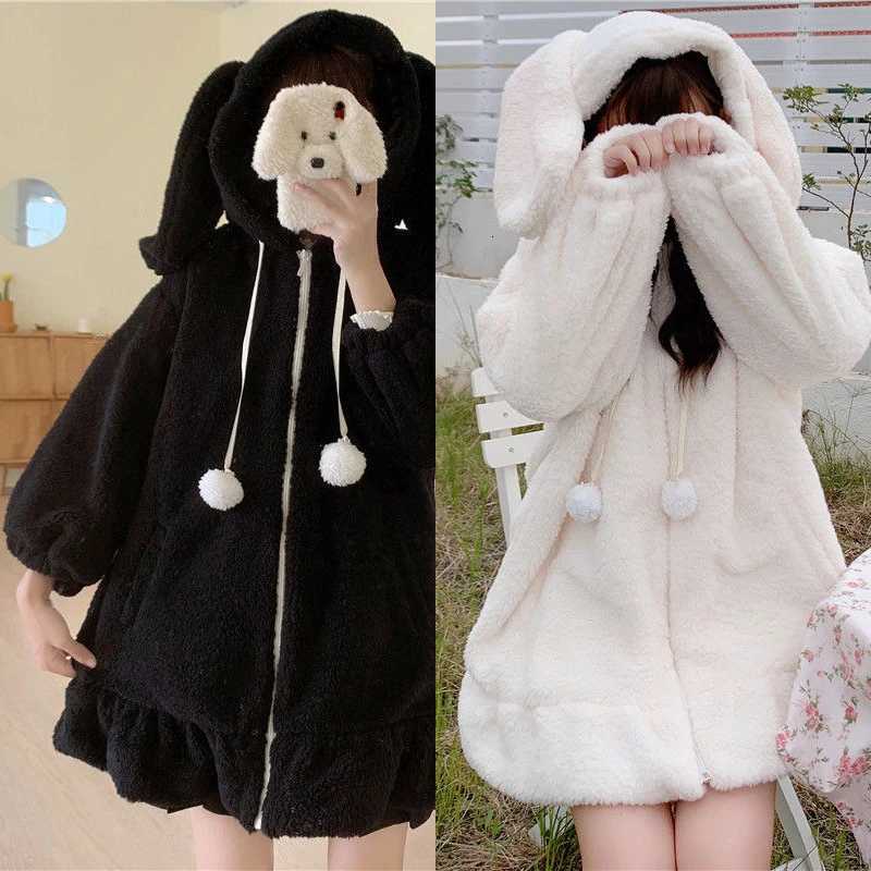 Rabbit Women Winter Long Sleeve Fuzzy Hooded et Harajuku Kawaii Bunny Ears Zip Up Cardigan Coat Plush Warm Ruffles Outwear Y251013