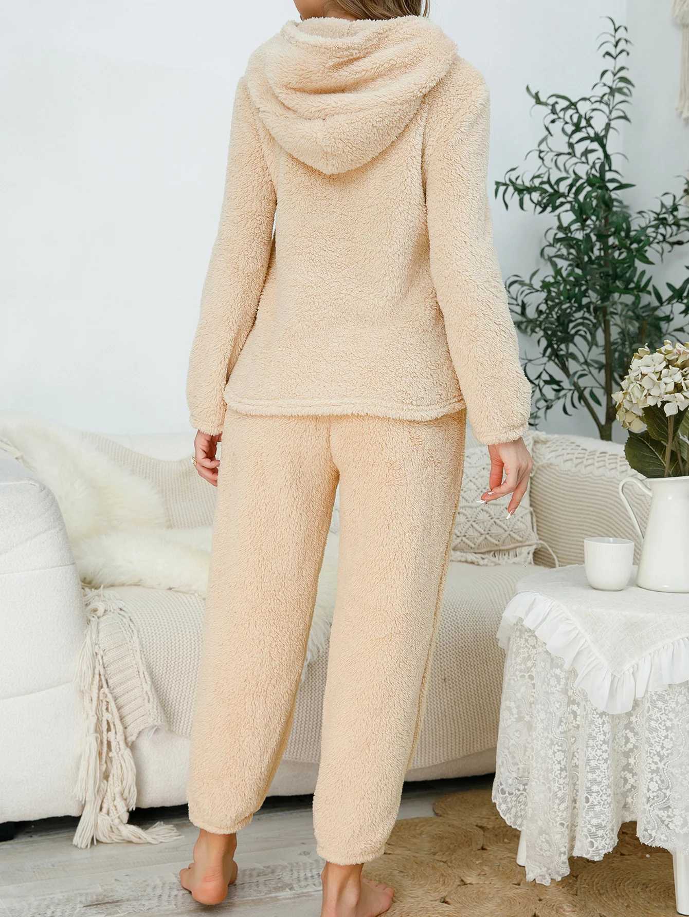 2 Set Women Flannel Pajamas Set Long Sleeve Hoodie Fleece Loungewear Casual Warm Fuzzy Lounge Set Winter Thickened Soft Plush Y251013