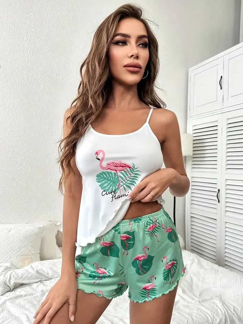 Summer Sleepwear for Womens Tropical Flamingo Print Frill Trim Casual Pajama Set Backless Cami Top Shorts LoungewearT251014