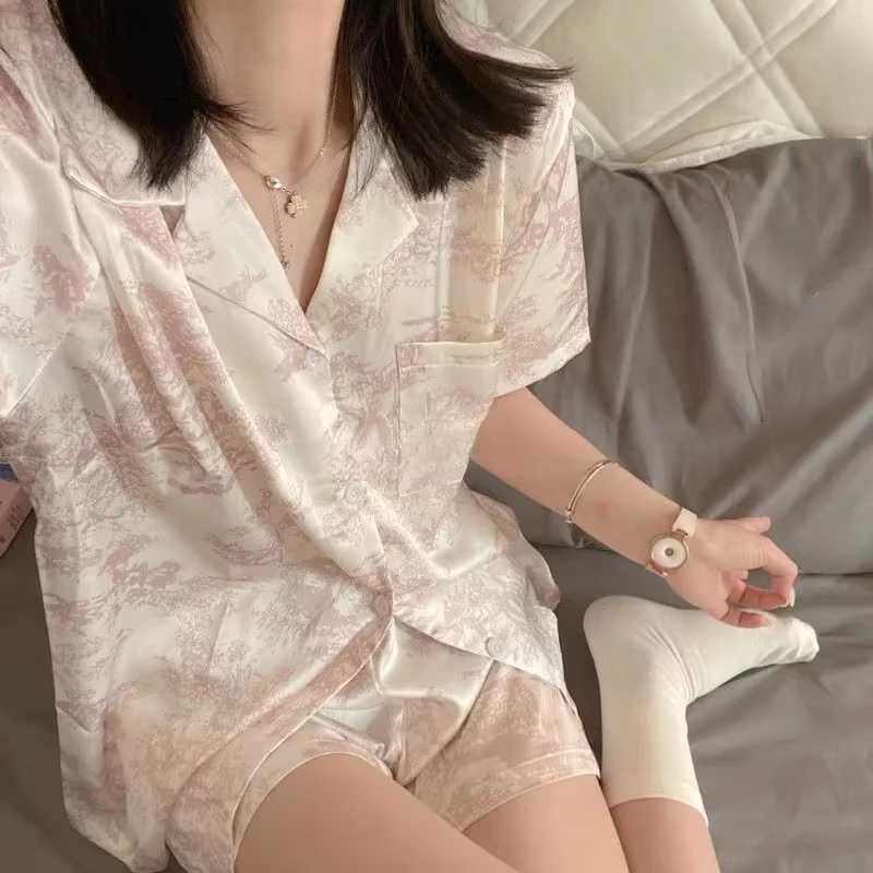 2 Pieces Print Sleepwear Faux Silk Satin Nightwear Pyjamas Fashion Casual Pajama Women Shorts Pajamas Set Ink Painting OutfitsT251014
