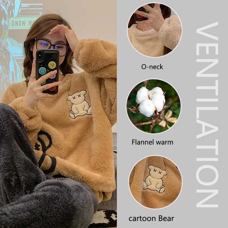 Thickened Warm Flannel Sleepwear Homewear for Winter Round Neck Tops and Trousers Nightwear Coral Velvet TwoPiece Set Pajamas Y251013