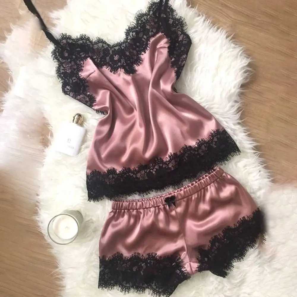 Fashion Bowknot Lace Pajama Suit Sleeveless Satin Ice Silk Two Pieces Nightwear Women Homewear Loose Lace Sleepwear Sets HomeT251014