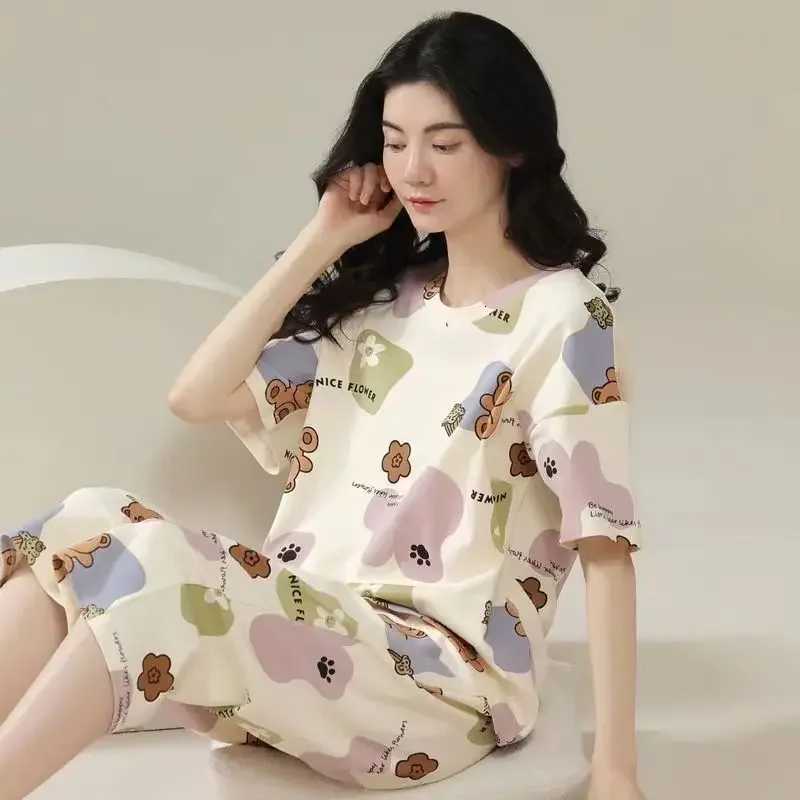 Pajamas Female Summer Thin Short Sleeves Loose Sweet Cute Cartoon Bear Student Homewear Plus Size TwoPiece Set Korean SleepwearT251014