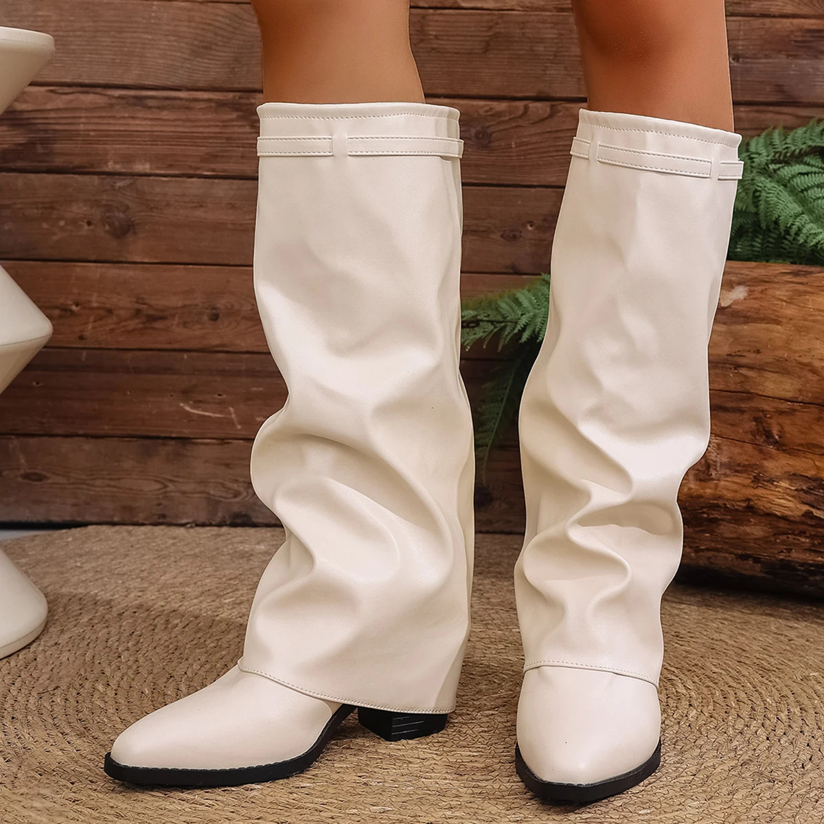 Fashion Fold Over Knee High Boots for Women Slip On Chunky Heel Shark Woman Wide Leg PU Leather Long Botas Mujer 251010