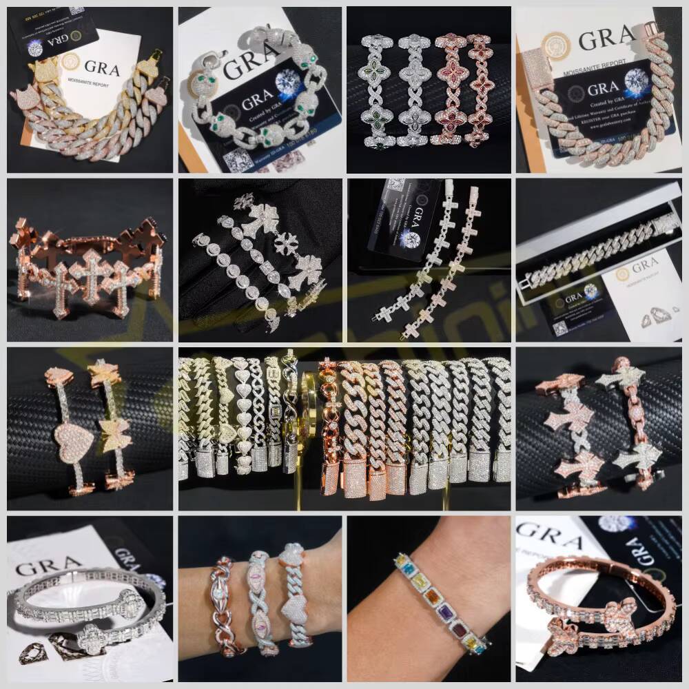 Stylish New Arrival Fashion Femme Design 925 Silver VVS Moissanite Diamond Iced Out Four Leaf Clover Cross Tennis Chain Bracelet