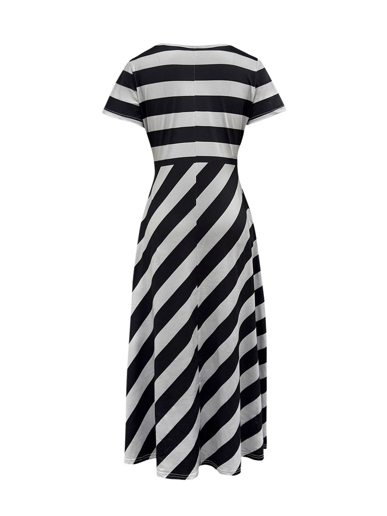 Women's Spring Summer New Fashion Mom - Style Office & Versatile Crew Neck Short - Sleeve Striped Midi Dress-CF53908